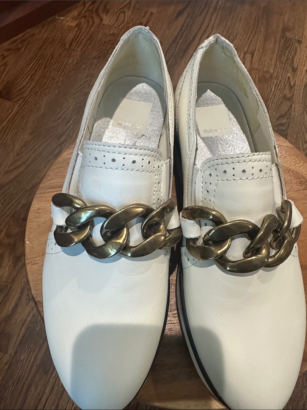 Dolce Vita White Loafers with Gold Chain Accent